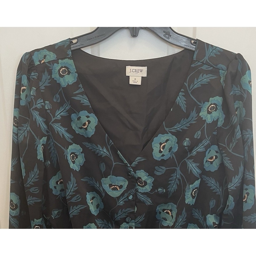 J.Crew Black Green Poppy‎ Floral Peplum Button V-Neck Top Womens 6 Artsy Party